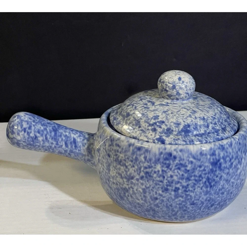 Vintage Blue Speckled Stoneware Soup Pot‎ With Lid & Handle 4.5T x 7.5L (2081)
